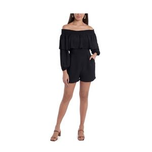 1. STATE Womens Black Flounce Textured Long Sleeve Off Shoulder Shorts Romper XS